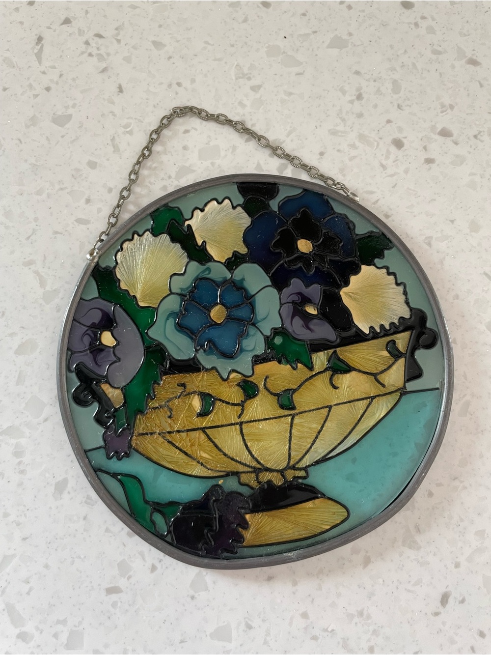 Vintage Stained Glass Floral Bowl Pansy Violets
